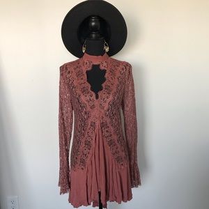 Free People Dusty Pink Lace Flared Sleeve Dress